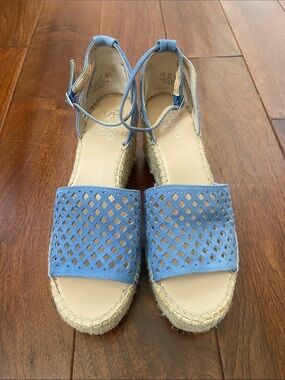 Franco Sarto Light Blue leather Espadrille Wedge Sandals with Ankle Strap.